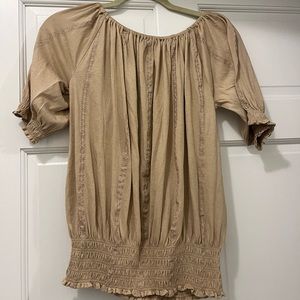 Lauren RL tan top, size S off shoulder embroidery throughout the blouse.